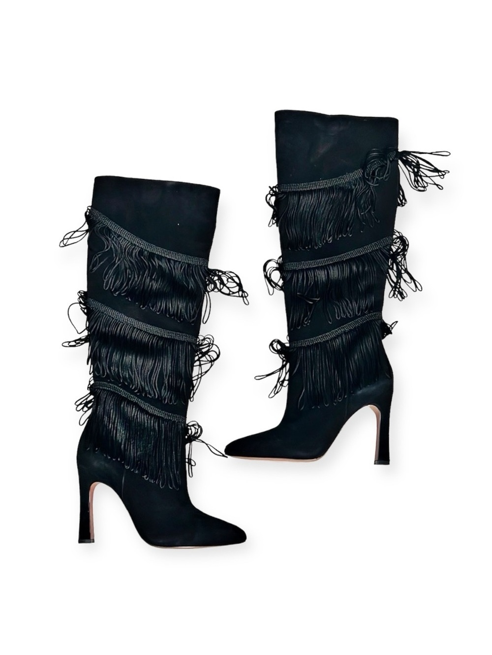BCBGMaxazria Suede Fringe Heeled Boots, Black Size 7.5 New w/o Box Retail $499